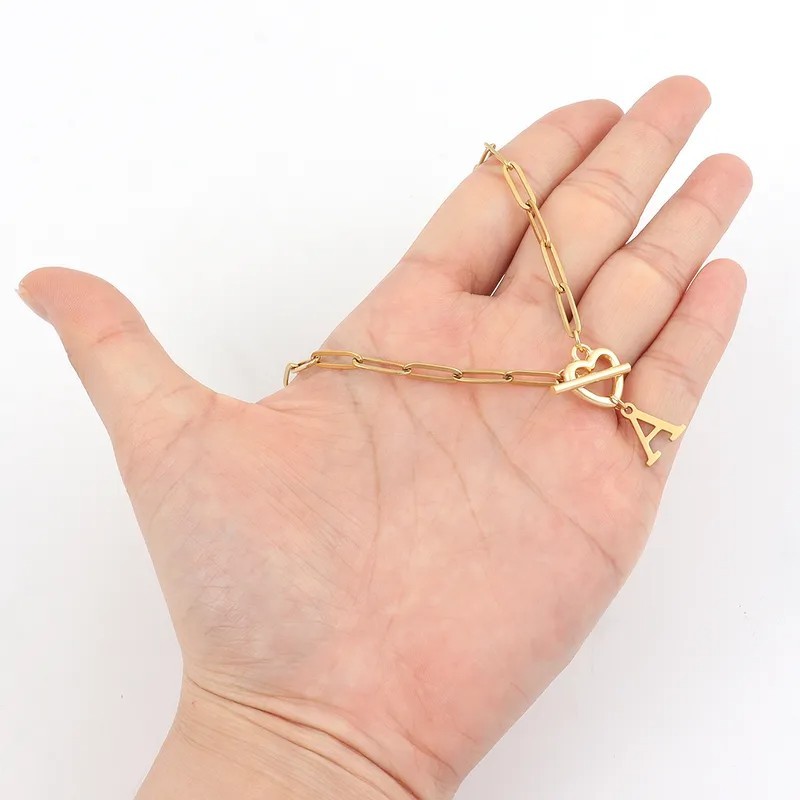 Minimalist Paperclip Chain Letter Necklace with Heart-Shaped OT Clasp